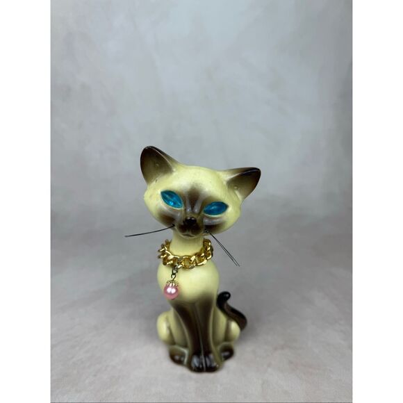 Vintage Siamese Cat Figurine 1970s Mod MCM Jeweled Eyes Ceramic Rare - Picture 2 of 8